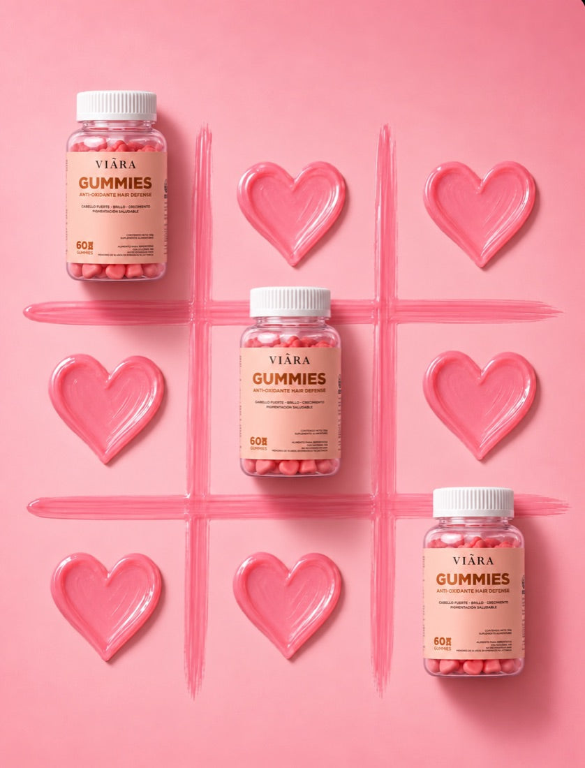 Frascos de Viara Gummies sobre un fondo rosa con corazones